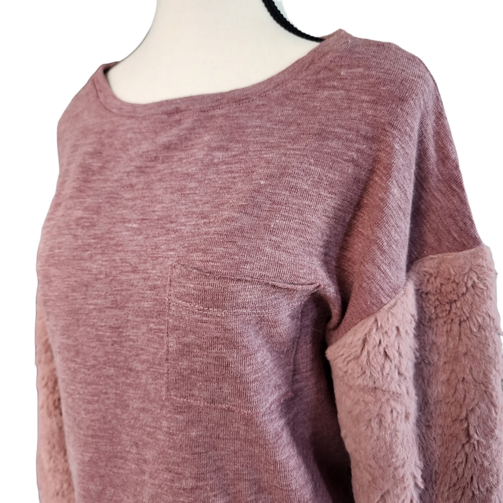 Mauve Fur Fleece Sleeve Sweater Long Sleeve Casual Women's - Picture 2 of 4